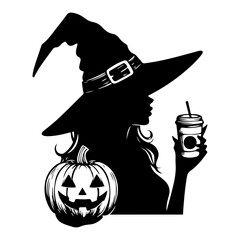 halloween witch with a pumpkin Woman in witch hat with coffee cup. Pumpkin spice latte, Halloween costume. Black silhouette. Hand drawn cartoon style