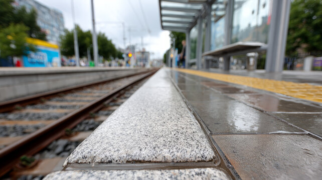 Empty rainy train station platform viewed in perspective