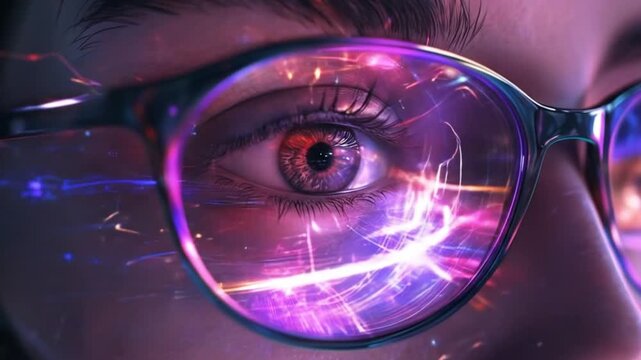 Futuristic augmented reality glasses showing digital information overlayed on a human eye conveys vision of technology and advanced interface systems