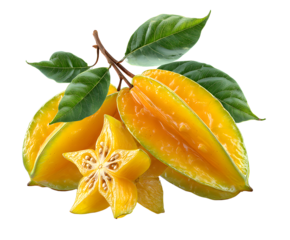 Two vibrant yellow carambola star fruits beautifully arranged, one sliced revealing the juicy interior, on transparent background.
