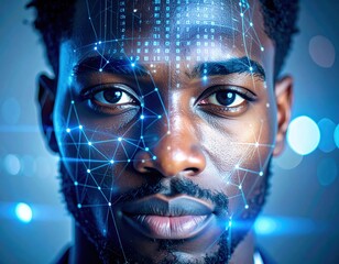 African American man with digital facial recognition technology overlay, showcasing futuristic data visualization and artificial intelligence concepts in a modern, high-tech environment