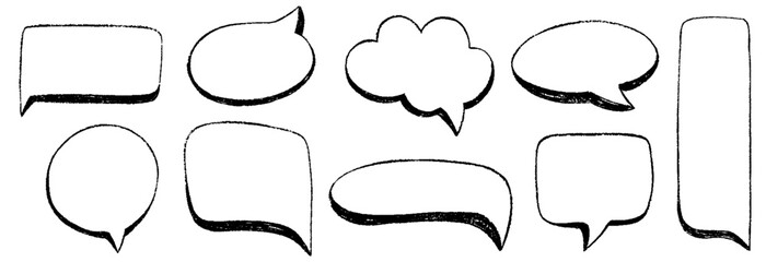 Crayon speech bubble set. Chalk pencil text boxes and dialog balloon. Charcoal doodle various text clouds, comic talk balloon with cute texture. Hand drawn vector kid's style talk speech bubble