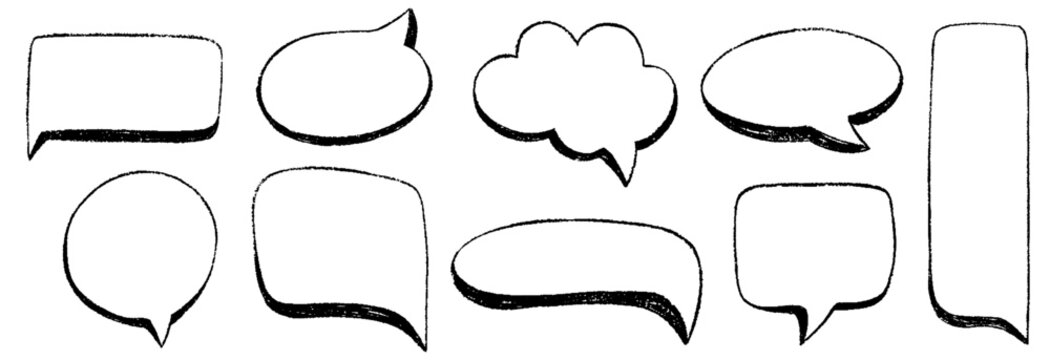 Crayon speech bubble set. Chalk pencil text boxes and dialog balloon. Charcoal doodle various text clouds, comic talk balloon with cute texture. Hand drawn vector kid's style talk speech bubble