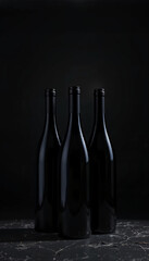 A premium studio photograph featuring three sleek, unlabelled black wine bottles standing upright on a black marble surface with delicate white and gold vein patterns. The bottles are arranged in a tr