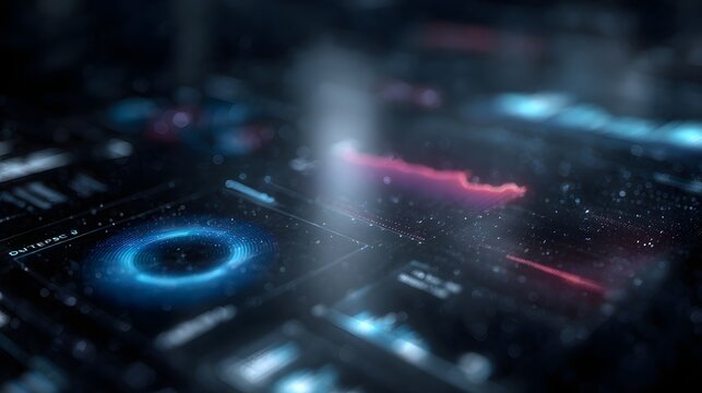 Holographic interface with floating data charts and futuristic lighting