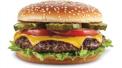 Juicy cheeseburger with fresh toppings served on a sesame seed bun at a burger joint during lunchtime hours