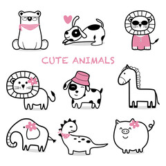 Vector cartoon of cute animals doodle on white background. Perfect for postcard, birthday, baby book, poster, and children room.