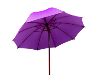 Open purple umbrella with wooden handle against transparent backdrop
