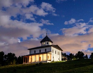 Obraz premium Night view of a lit-up white chapel on a hill under a starry sky