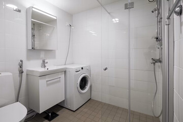 Modern bathroom interior in minimal scandinavian style, 3d render