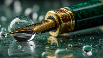Elegant fountain pen with ornate gold nib resting next to a glass orb, surrounded by water droplets on a textured green surface.