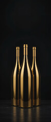 This image showcases three tall, luxurious golden bottles standing upright in a perfectly aligned triangular formation. The bottles have a smooth, highly reflective metallic finish that gives them a p