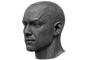 Obraz premium 3d rendering of a cyborg head with visible circuitry, showcasing advanced technology and futuristic concepts, isolated on transparent background