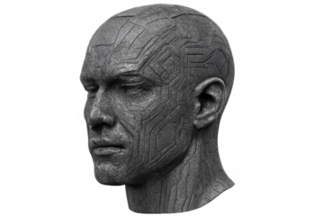 3d rendering of a cyborg head with visible circuitry, showcasing advanced technology and futuristic concepts, isolated on transparent background