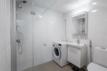 Modern bathroom interior in minimal scandinavian style, 3d render