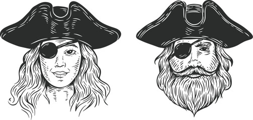 Portrait of male and female pirate with hat and eye patch in hand draw sketch style. Monochrome vector illustration.