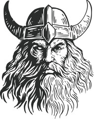 Portrait of bearded brutal viking man in helmet with horns in hand draw sketch style. Monochrome vector illustration.