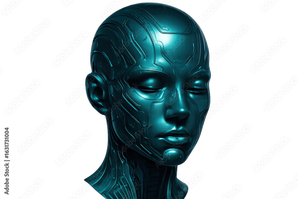 Poster 3d rendering of a metallic turquoise android head with closed eyes, showcasing artificial intelligen