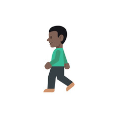 Illustration of a dark skinned man with a green shirt and dark pants walking to the left side view
