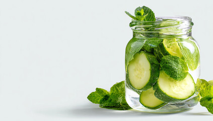 Photo of a jar with water, cucumber slices, and mint leaves on a white background