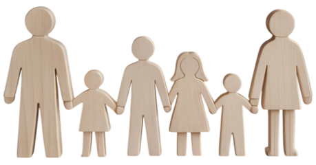 Wooden Family Figures Standing Together Isolated on Transparent Background