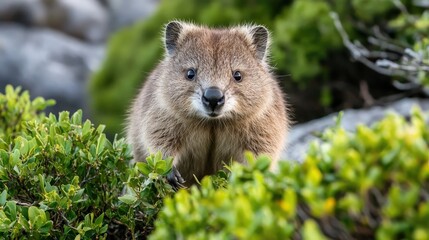 Naklejka premium Curious quokka looking through green bushes in natural habitat