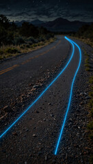 Glowing Blue Laser Motion Streak PNG – Curved Light Trail with Bright Tail on Dark Road