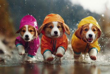 A group of chicken wearing colorful raincoats, running on the wet road with their paws raised to catch water droplets, in the style of photo