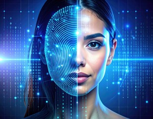 Digital illustration of a woman's face combined with a fingerprint pattern and binary code, representing the fusion of technology and identity in a futuristic context