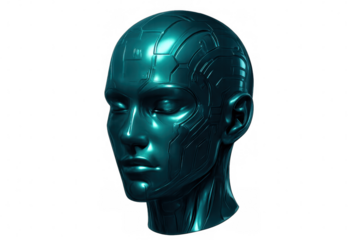Metallic turquoise humanoid head showing artificial intelligence with closed eyes on transparent background