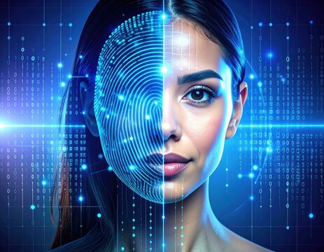 Digital illustration of a woman's face combined with a fingerprint pattern and binary code, representing the fusion of technology and identity in a futuristic context