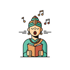 A serene Indian man, adorned in traditional attire, sings a devotional song from an open book, accompanied by musical notes.