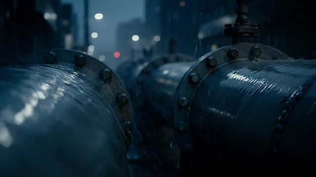 Two large dark metal pipes are shown connected by bolted flanges Rain is visible with buildings and city lights blurred in the background