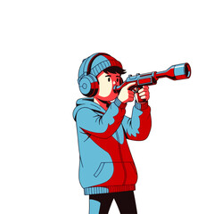 A young man with binoculars and a camera is watching a black sports game