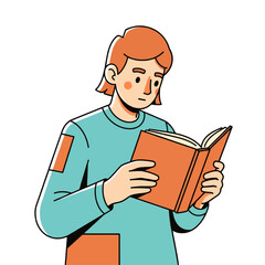 A cartoon illustration of a person engrossed in reading an open book.