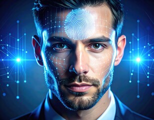 Male professional with facial recognition technology overlay, showcasing biometric security concept, illuminated by blue digital lights and abstract data patterns in a futuristic environment