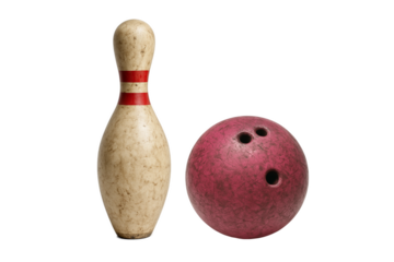 Vintage bowling pink and worn pink bowling ball isolated on white background, classic retro sports equipment for leisure and recreation activities, perfect for bowling alley advertising or nostalgic