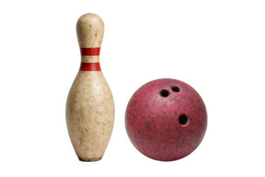 Vintage bowling pink and worn pink bowling ball isolated on white background, classic retro sports equipment for leisure and recreation activities, perfect for bowling alley advertising or nostalgic