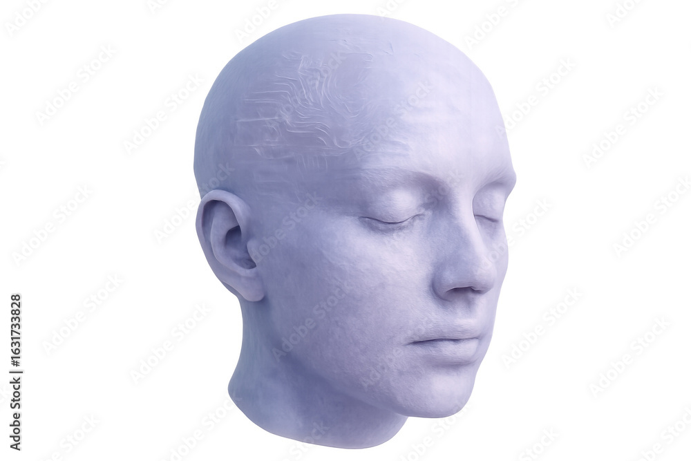 Poster artificial intelligence concept illustrated by a 3d render of a futuristic human head, visualizing b