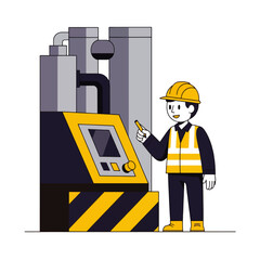 A worker in safety gear operates industrial machinery, pointing at a control panel.