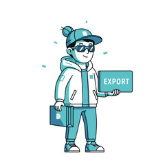 A stylized illustration of a person holding an export sign, suggesting business or trade.