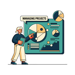 Cartoon illustration of a businessman with a laptop and a suitcase, holding a success banner