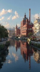 Obraz premium Historic buildings reflect in calm water near a canal in a picturesque city during golden hour