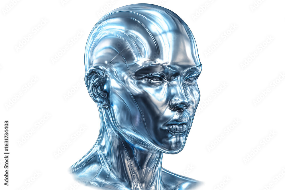 Poster metallic robotic head displaying advanced ai technology, symbolizing digital intelligence with sleek