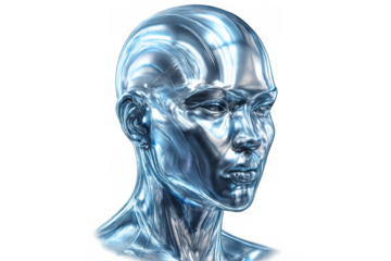 Metallic robotic head displaying advanced ai technology, symbolizing digital intelligence with sleek futuristic design