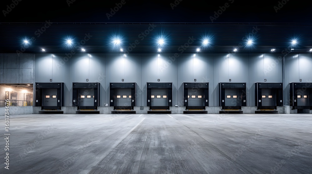 Poster logistics distribution center with multiple loading bays and efficient lighting