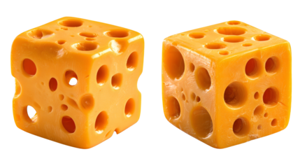 Two delectable wedges of aged artisanal gourmet hard cheese with a rich crumbly texture displayed on rustic dark slate background for culinary presentation.