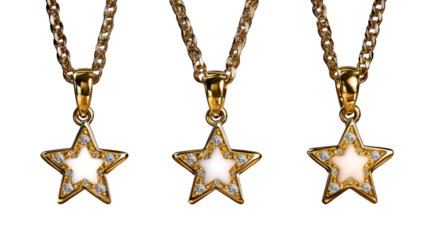 Gold star pendants with shiny chains on a transparent background