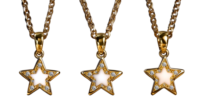 Gold star pendants with shiny chains on a transparent background