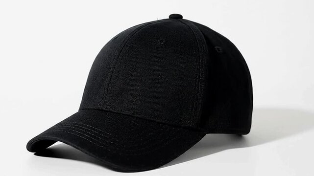 A black baseball cap curved brim sixpanel construction top button against a white background